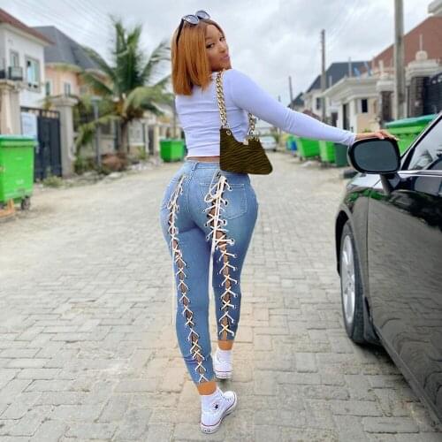 2021 New Streetwear Korean Women mom Jeans High Waits Bandage Sexy Jeans Women Clothing Fashion Ripped Hole Outfits Trousers