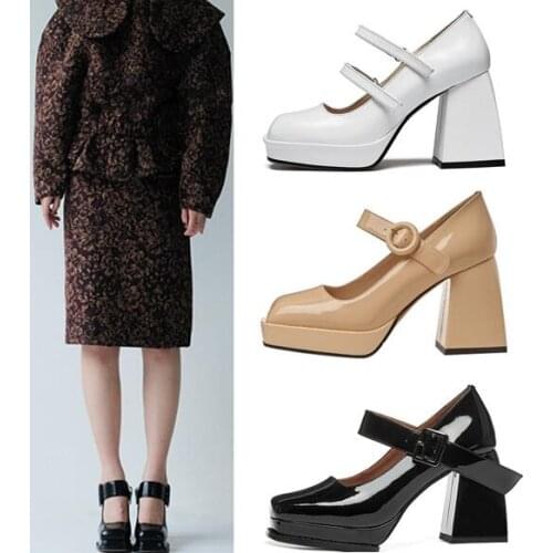 Spring New Woman Genuine Leather Retro Mary Jane Square Toe Pumps 9 cm Chunky Heels Shallow Thick Sole Platform Buckle Pumps