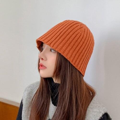 Autumn Winter Women Bucket Hat Soft Warm Knitted Female Panama Fisherman Caps Solid Color Girls Hat