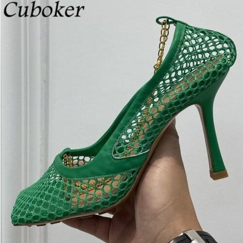 Sexy Air Mesh Women Sandals High Heels Square Toe Ankle Chain Strap Luxury Brand Designer Summer Party Dress Shoes For Women