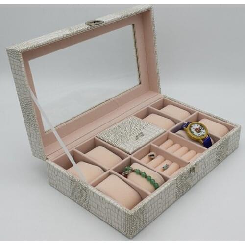 Watch Box Large 8+2 Slots Men Women Luxury Gift Beige Crocodile Grain Leather Display Glass Top Jewelry Case Organizer Storage