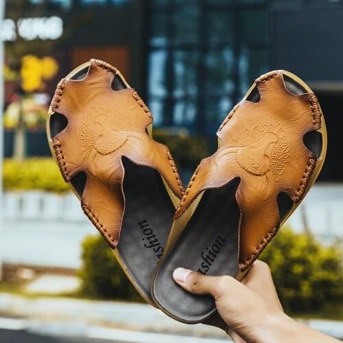 2020 Summer Men Flip Flop Shoes Outdoor Genuine Leather Casual Beach Sandals Handmade Breathable Slipper Casual Sneakers Zapatos