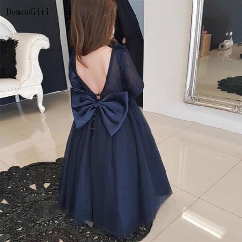 Navy Blue A-Line Flower Girl Dress for Wedding Lace Tulle Little Princess Backless Long Sleeve Kids Birthday Dress