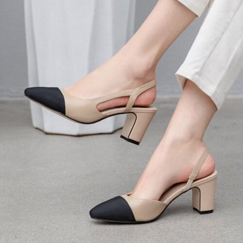 Women Slingbacks Shoes High Heels Natural Genuine Leather Thick High Heel Shoes Cow Leather Mixed Colors Pumps Ladies 43