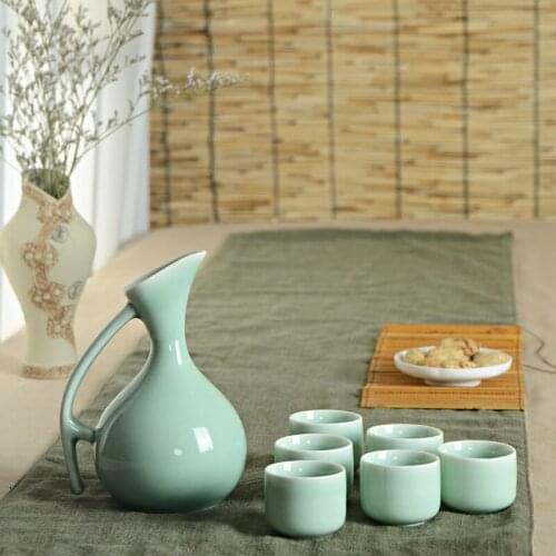 250ml Celadon Wine Set Court Handle Hip Flask 1 Pot 6 Cups Sake Vodka Swan Wine Gift Half Month Liquor Divider Bar Set
