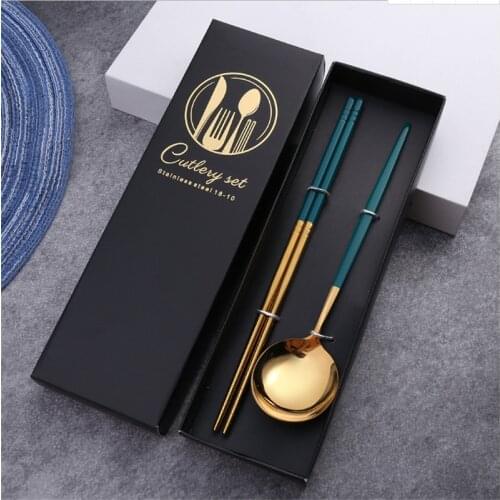 High Quality 2pcs/gift Box Stainless Steel Dinnerware Set Silverware Dinner Nordic Tableware Spoon Chopstick Cutlery Set Gift