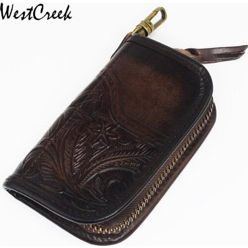 WESTCREEK Brand Genuine Leather Retro Key Wallets Zipper Car Key Short Coins Organizer Housekeeper Case Purse Bag