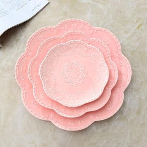 6"8"10"Western Dinner Plate Embossed Pink Steak Dish Bone Ceramic Snack Round Tray Flat Plates Tableware Accessories