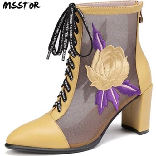 Msstor Embroider Yellow Heels Fashion Zipper Lace-Up Summer Boots Pointed Toe Casual Party Ankle Boots For Women 2019 Pink Thick