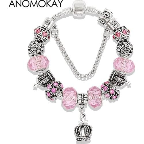Anomokay Hot Silver Color Royal Crown Charms Bracelets & Bangles Pink Crystal Murano Ornament Bead Bracelet for Women Girl Gift