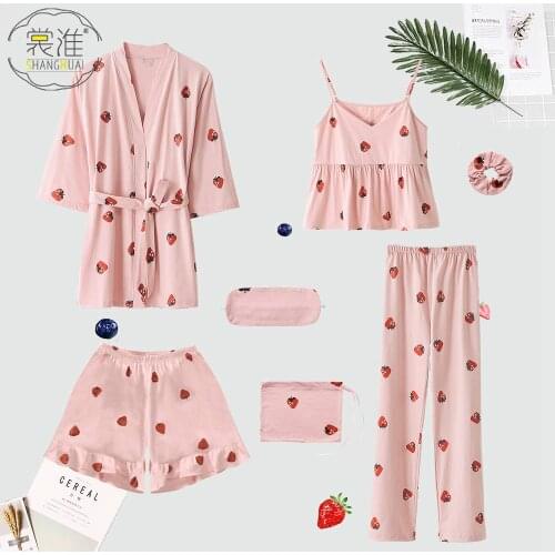 Womens 7 Pieces Pyjama Set Women Spring Summer Sexy Cotton Pajamas Sets Sleep Suit Sweet Cute Nightwear Home Clothes Pink