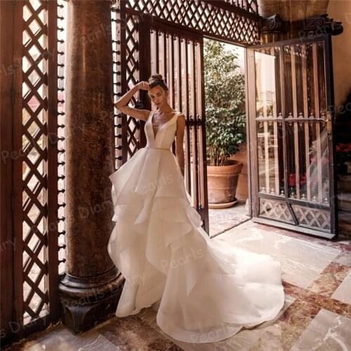 Princess Deep V-neck Wedding Dress Ruffles 2021 Vestido de Novia Sweep Train Beaded Bridal Gowns Satin Bride Dress Custom Made
