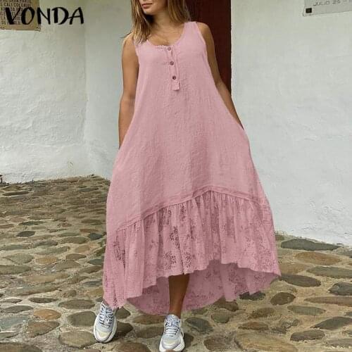 Women Beach Dress 2021 Summer Lace Patchwork Tank Dress VONDA Sleeveless Button Up Holiday Vestido Casual Party Beach Robe Femme