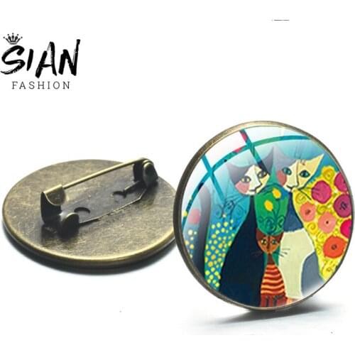 SIAN Fashion Black and White Two Cat Brooches Icons Cosplay Badges Silver Color Art Picture Glass Cabochon Brooch Pin Jewelry