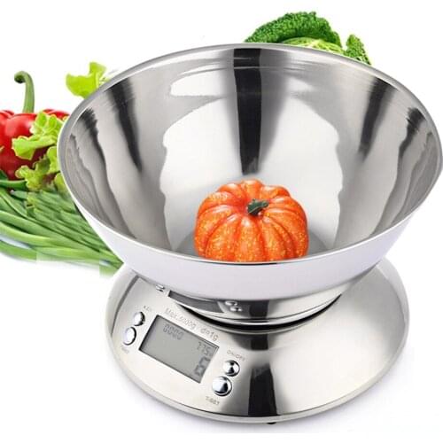 5kg Digital Kitchen Scale Stainless Steel Food Libra Weight Sensor LCD Electronic Kitchen Scales Alarm Timer Weight Sensor Bowl