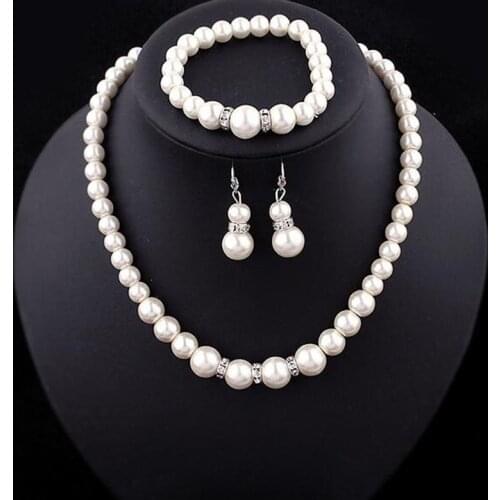 Europe Brand Simulated-Pearl Necklace Bracelet Earrings Women Jewelry Sets Inlay CZ Bride Set Women Wholesale Jewelry