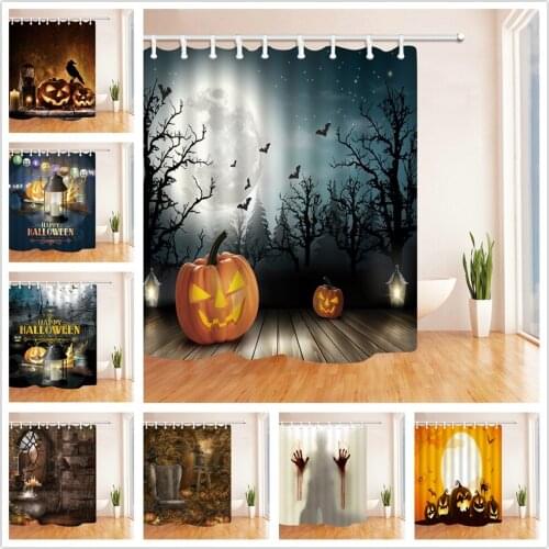 Halloween Shower Curtains Scary Pumpkin Lantern Bat Horror Night Funny Bathroom Set Waterproof Polyester Fabric Decor Curtain