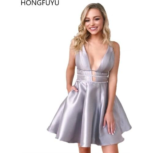 HONGFUYU A-Line Short Homecoming Dresses with Pockets 2021 Satin Deep V Neck Prom Party Dresses Graduation Dress Cocktail Gowns