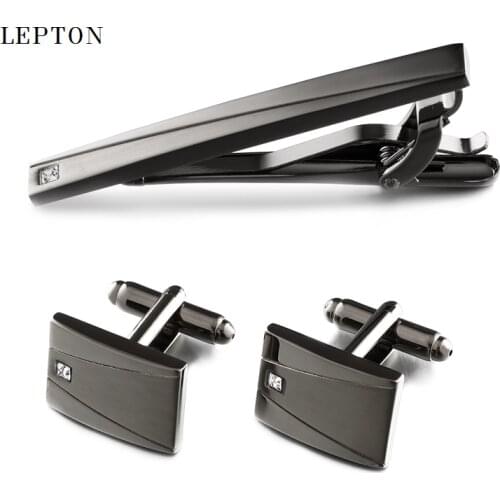 Lepton Classic Business Square Black Brush Mens Cufflinks Tie Clips Set High Quality Necktie Pin Tie Bars Clip Clasp Drop Ship