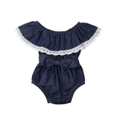 Newborn Infant Baby Girls Lace Denim Sleeveless Bodysuit Jumpsuit Outfits Sunsuit Size 0-24M