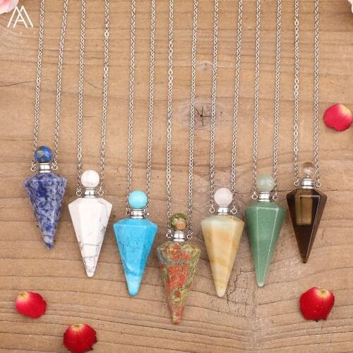 Fashion Women Gemstones Pendulum Chains Necklace Silvery Pendulum Perfume Diffuser Bottle Pendant Yoga Healing Jewelry Dropship