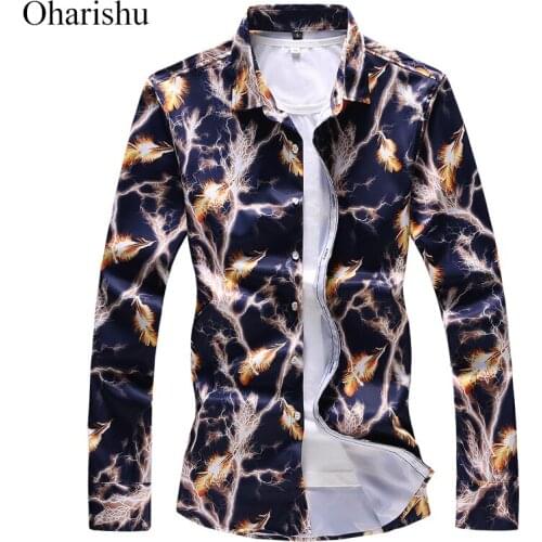 Mens New Long Sleeve Lightning Printed Shirts Plus Size 5XL 6XL 7XL Button Down Social Business Shirt