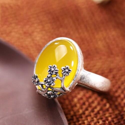 New Silver Creative Natural Chinese Style Retro Light Luxury Topaz Plum Blossom Charm Ladies Open Adjustable Ring