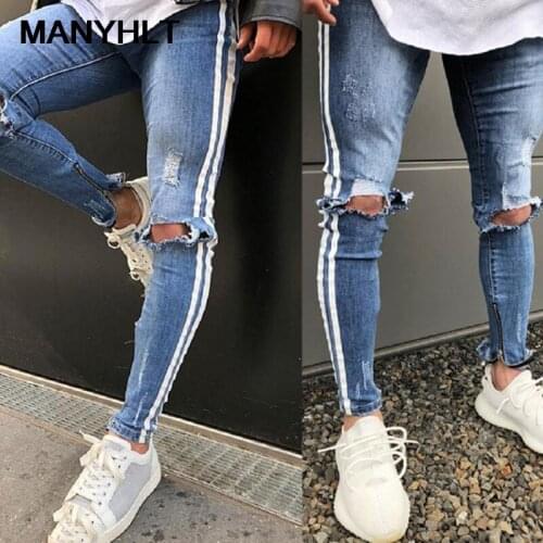 European And American Style Spring And Autumn New Mens Knee-hole Jeans Sports Slim Trousers Mens Foot Pants Casual Pants