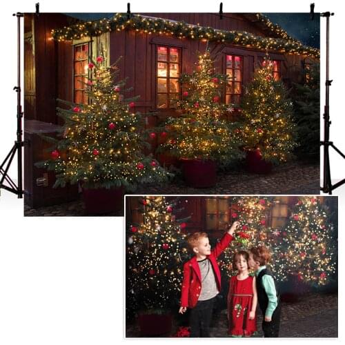 Christmas Photography Background Christmas Tree Decorated Wooden House Stone Road Backdrop Child Party Banner For Photo Studio