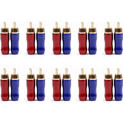 Artudatech 10 Set RCA Male Plug Copper Audio Video Gold Adapter Fit 6.4mm Cable Red/Blue Connector Parts
