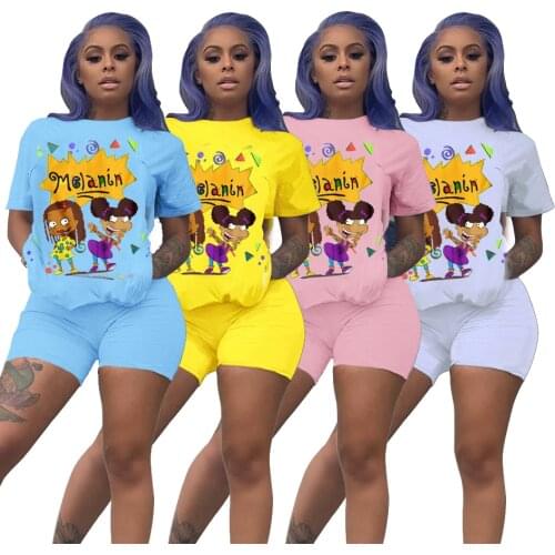 Fitness Biker Shorts Set Lounge Set Tracksuit Women Summer Clothes Two Piece Set Cartoon Print Crop Top Jogging Femme 2020