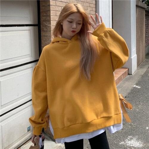 Yellow Pullover Hooded Loose Oversized Hoodies Women Long Sleeve Sweatshirt Plus Size Fake Two Tops Fall Winter Clothes Women
