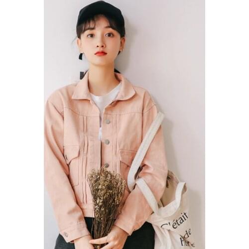 Pink Denim Jacket Spring Feminina Casual Turn-down Collar Long Sleeve Jackets Women Korean Loose Jean Jacket