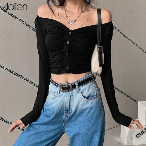 KLALIEN fashion elegant korean sexy off shoulder v neck long sleeve female t shirt autumn casual streetwear office lady tee