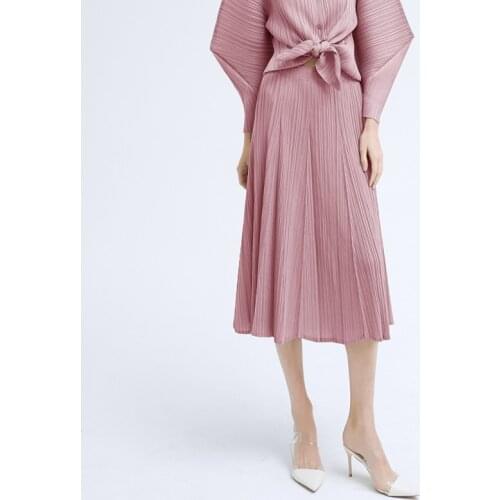 Miyake pleated skirt women 2020 fall summer casual long stitching pink aesthetic a-line skirt korean style wrap Lace skirt
