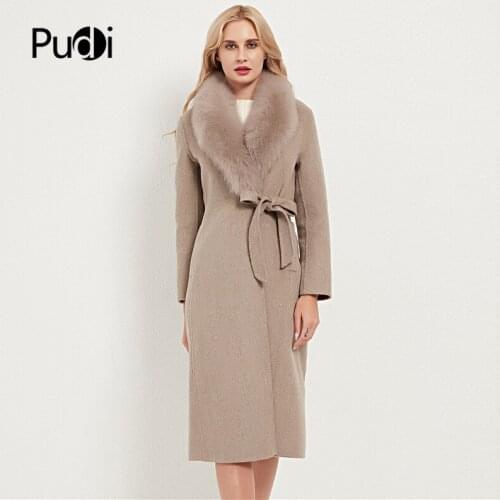 Pudi Women Real Fox Fur Coat Jacket Female Lady Wool Blends Coats Jackets Trench With Fox Collar CT031