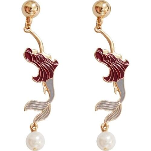 1 Pair Colorful Enamel Cute Mermaid Shaped Women Earrings Female Fashion Pearl Long Dangle Earring Jewelry Crafts 2021 New