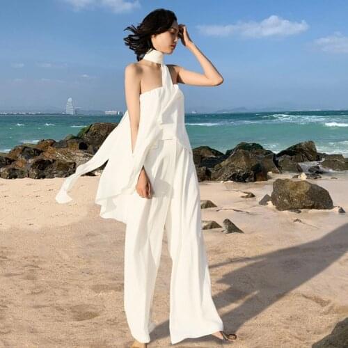 Drunk Bride 2021 Womens FakeTwo-piece One-Piece Long Pants Beach Pants Seaside Vacation Wrapped Chest High Waist Wide Leg Pants