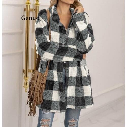 Womens Winter Casual Plush Long Sleeve Coat Color Contrast Plaid Single-breasted Jacket Mid-length Vintage Overcoat