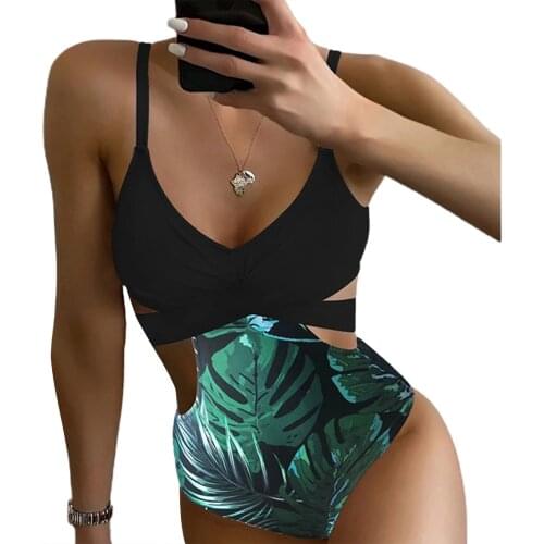 Women’s Sexy Suspender Bikini Fashion Leaves Printed Stitching Bandage Hollow Slim Fit Swimsuit