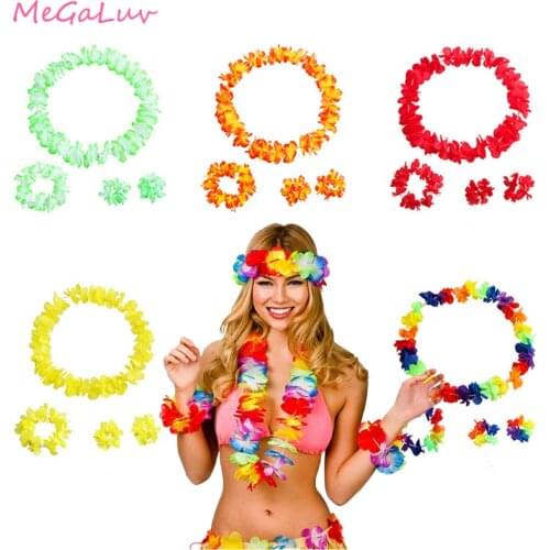 4pcs/set Hawaiian Flowers Necklace Headband Garland Wedding Decorations Beach Tropical Hawaiian Luau Leis Party Supplies