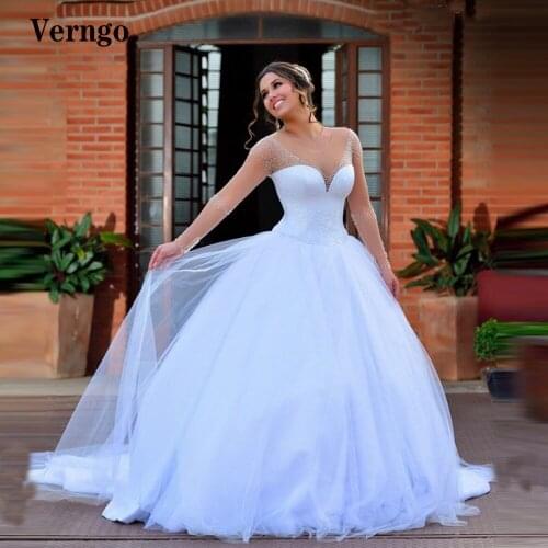 Verngo Saudi Arabic Ball Gown Tulle Wedding Dresses Sheer Long Sleeves Beads O-Neck Plus Size Bridal Dress Lace Up Keyhole Back