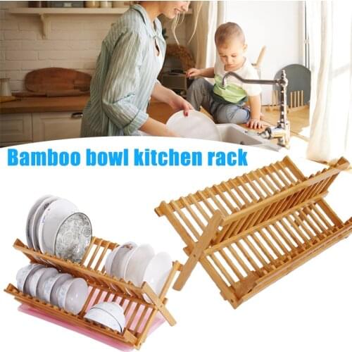 Bamboo Foldable Dishes Drainer Wooden Plates Mugs Rack Stand Holder 2-Tier Folding Kitchen Supplies _WK