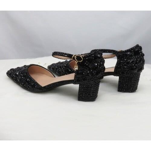 BaoYaFang Summer Black Crystal Sandals Womens wedding shoes Bride Fashion Pointed toe Thick Heel Buckle Sandals woman Low Heel