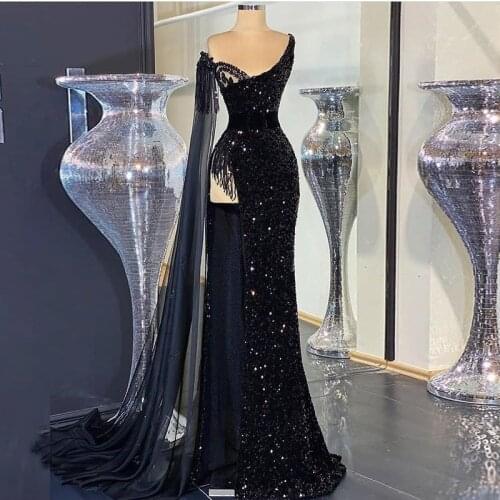 Glittery Black Sequins Evening Dress with Sash Sexy High Split Straight Prom Dresses 2020 Formal vestidos formales arab robe