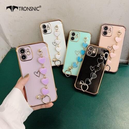 Love Heart Chain Phone Case for iPhone 12 11 Pro Max XR Xs MAX Soft Electroplated Love Wrist Case for iPhone 7 8 Plus Cover Capa
