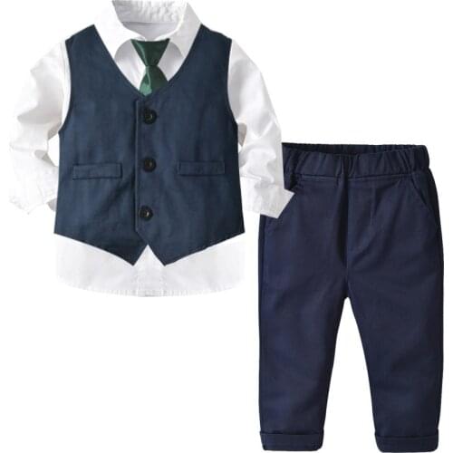Childrens Suits For Infant Boy Solid Shirt + Pant +Vast + Tie 4 Pieces Boy Child Costume Set Baby Suit For Boy For 1-6 Age