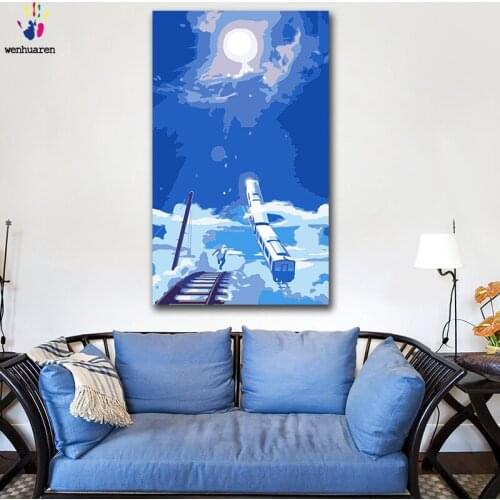 DIY colorings pictures by numbers with colors Blue derailed train landscape picture drawing painting by numbers framed Home