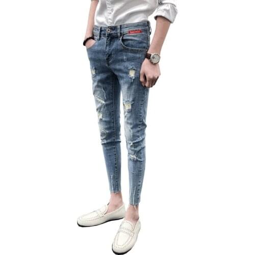 Spring and summer 2021 fashion ripped denim jeans male fast hand celebrity spirit guy social man street teenager pencil pants