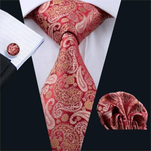 FA-1113 Mens Ties Red Novelty Silk Jacquard Neck Tie Hanky Cufflinks Set Ties For Men Business Wedding Party Free Shipping